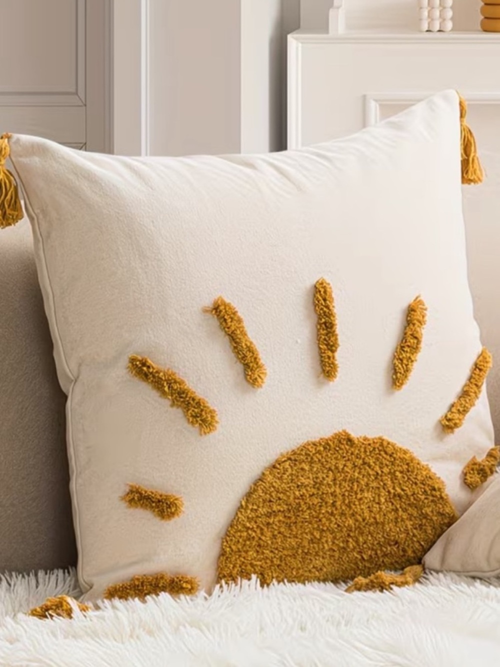 Vibrant Sun Tufted Throw Pillow Covers w/ Tassels Set Cream & Mustard -Sunburst